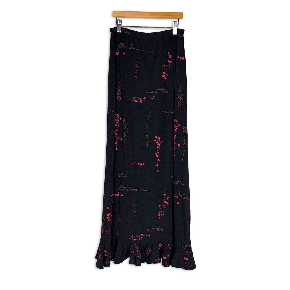 Susan Lawrence Black Floral Ruffle Hem Maxi Skirt Stretch Waist Flouncy 90s Y2K